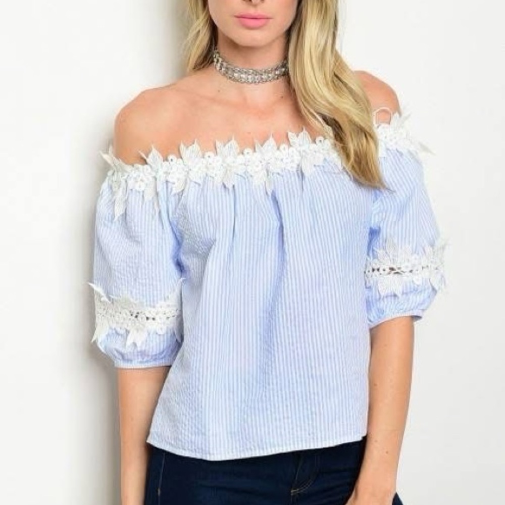 Off-Shoulder Blue and White Lace Trim Top